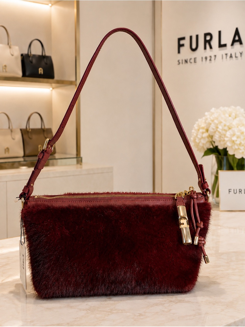Furla Deep Burgundy Faux-Fur Shoulder Bag with Gold Hardware